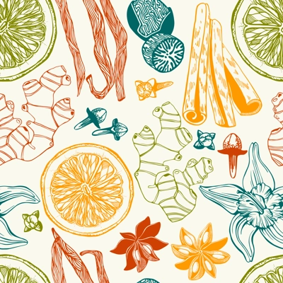 Hand-drawn herbs and spices background. Vinatge food seamless pattern. Kitchen spices sketches for packaging, fabric, menu, labels. NOT AI generated